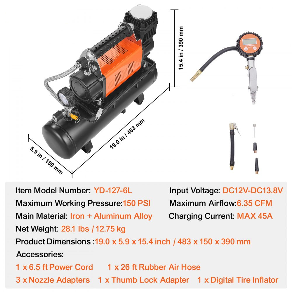 Heavy Duty Air Compressor & 6L Tank 6.35CFM Portable Tire Inflator 150PSI