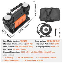 10.6CFM Portable Tire Inflator Dual-Cylinder Air Compressor 12V 150PSI