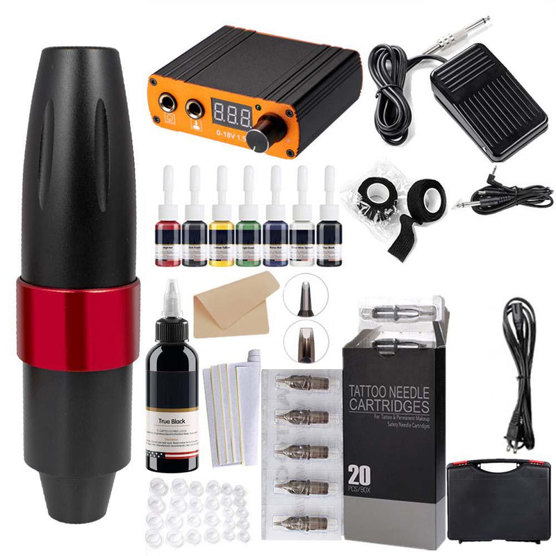 Professional Tattoo Kit - Tattoo Pen Set with 20 Needle Cartridges, 8 Inks, Digital Power Supply & Portable Case for Easy Use Anywhere