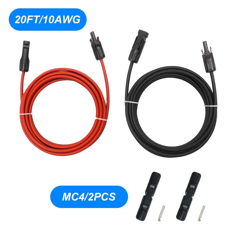 20FT Solar Extension Cable 10AWG with Female and Male Connector + Adaptor Pair, Red and Black Wires for Easy Installation and Connection